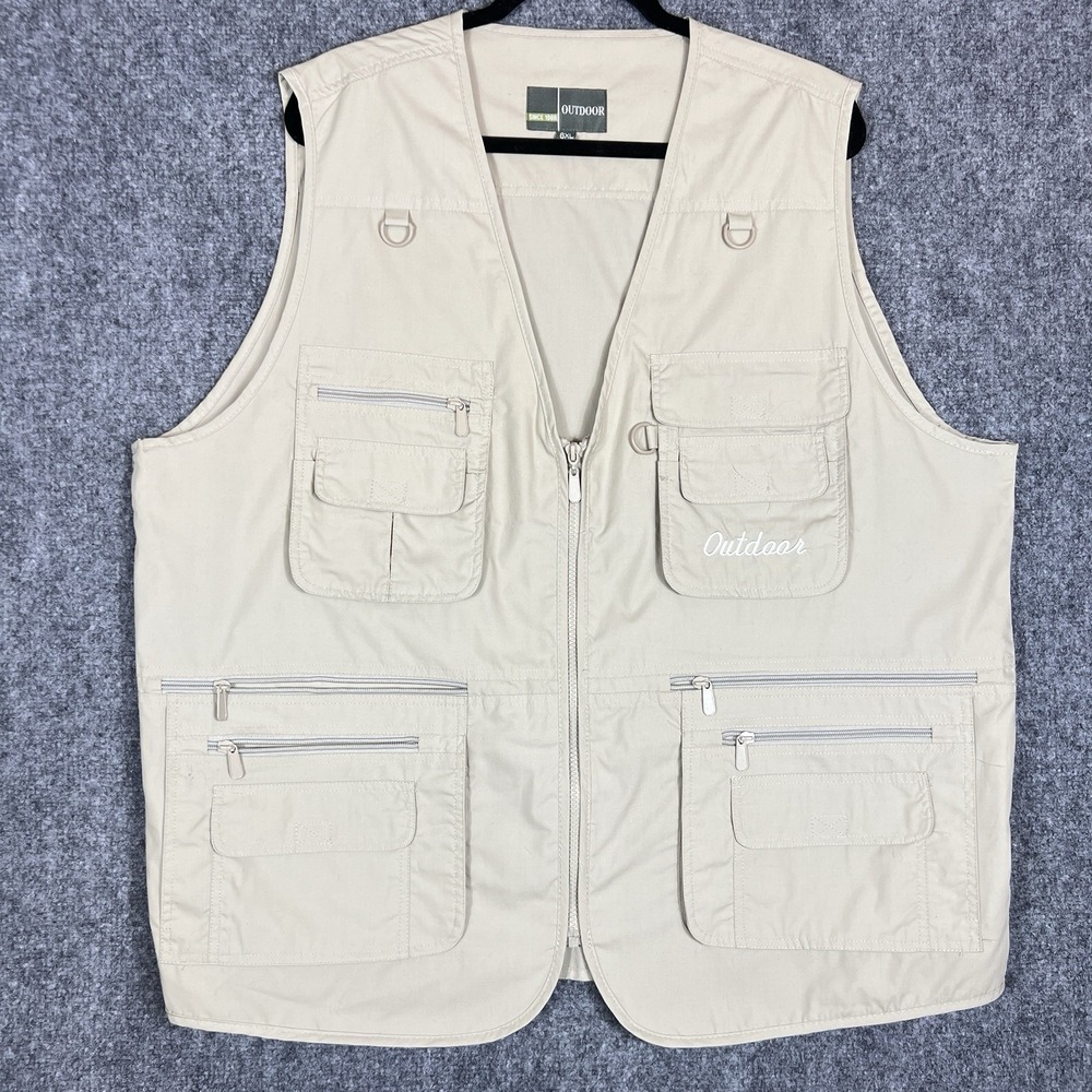 Outdoor Utility Fishing Vest Men's 6XL Beige Multi Pocket Hiking Hunting Safari